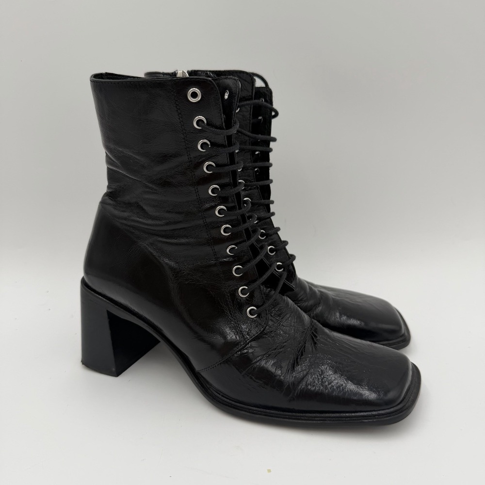 L'Intervalle Black Patent Leather Boots Lace Up Square Toe Women's 7.5 EU 38